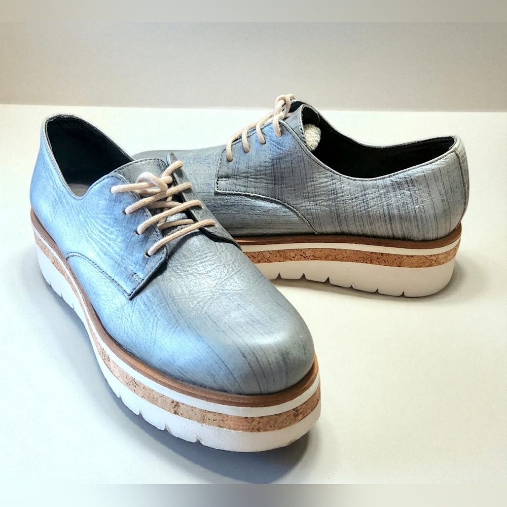 Bussola Platform Leather Sneaker Shoe Metal Grey Womens 9 Cork Mid Sole Lowtop